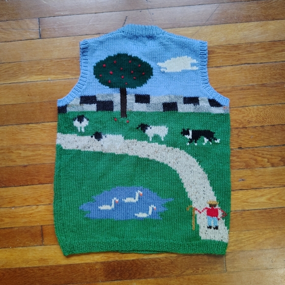 90s Vintage Handmade Wool Sleeveless Sweater Vest Garden Farm Handknit Medium - Picture 6 of 7
